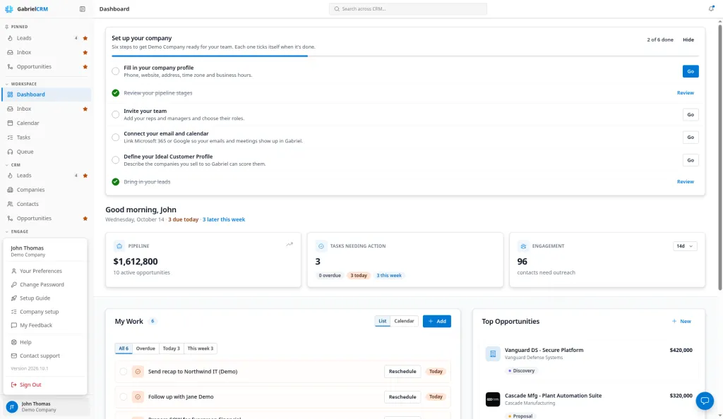 The user menu at the bottom of the sidebar, with Setup Guide highlighted.