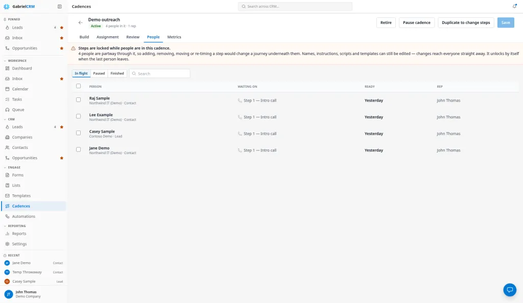 A cadence’s People tab listing each enrolled person with their current step and status.